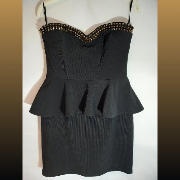 Forever 21 Black Studded Strapless Bodycon Peplum Dress Size Large - Picture 1 of 7